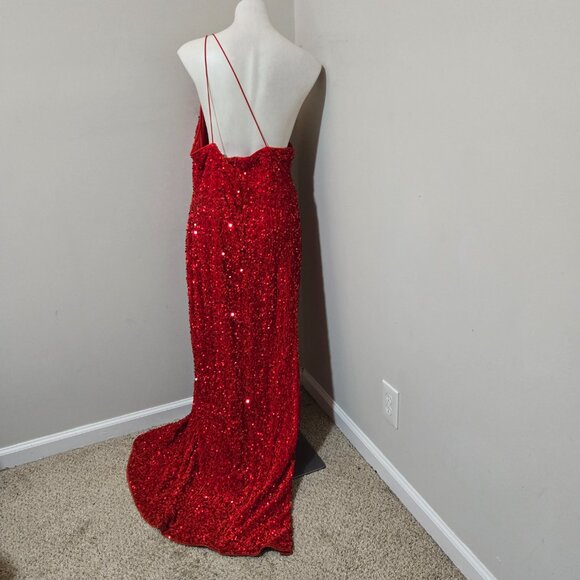 2XL (fits 16-18ish) Unbranded Red Velvet Sequin One-Shoulder Bodycon Gown Dress - Picture 4 of 11